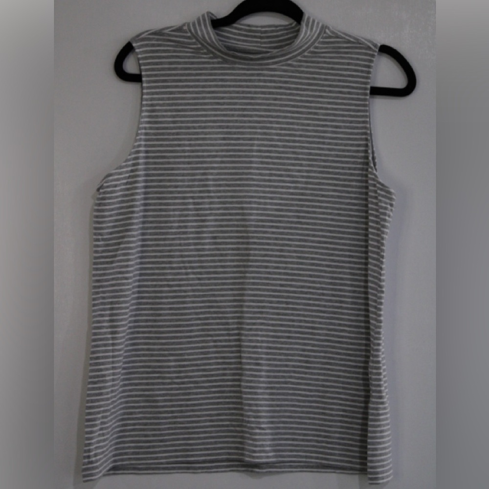 CJ Banks Mock Neck Tank Top Color: Grey and White Stripes Size: X